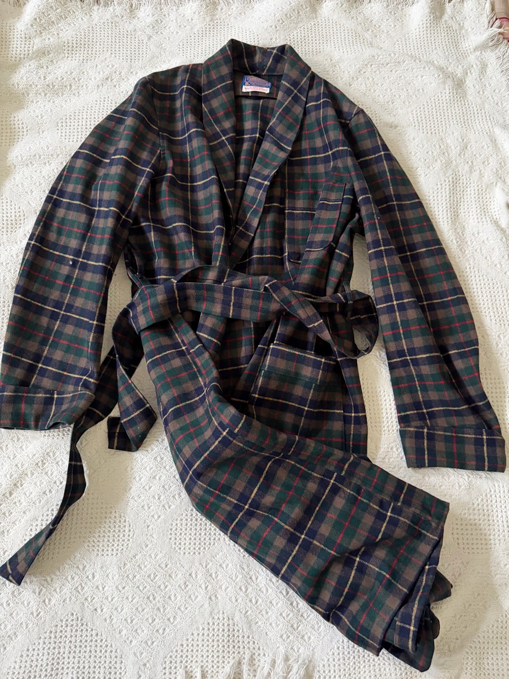 Pendleton Navy and Green Plaid Shawl-Collar Trench Coatigan